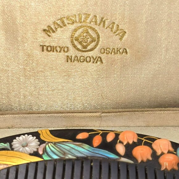 Japanese Floral Lacquer Hair Comb & Stick Set In Box Matsuzakaya Vintage JE311 - Picture 6 of 14